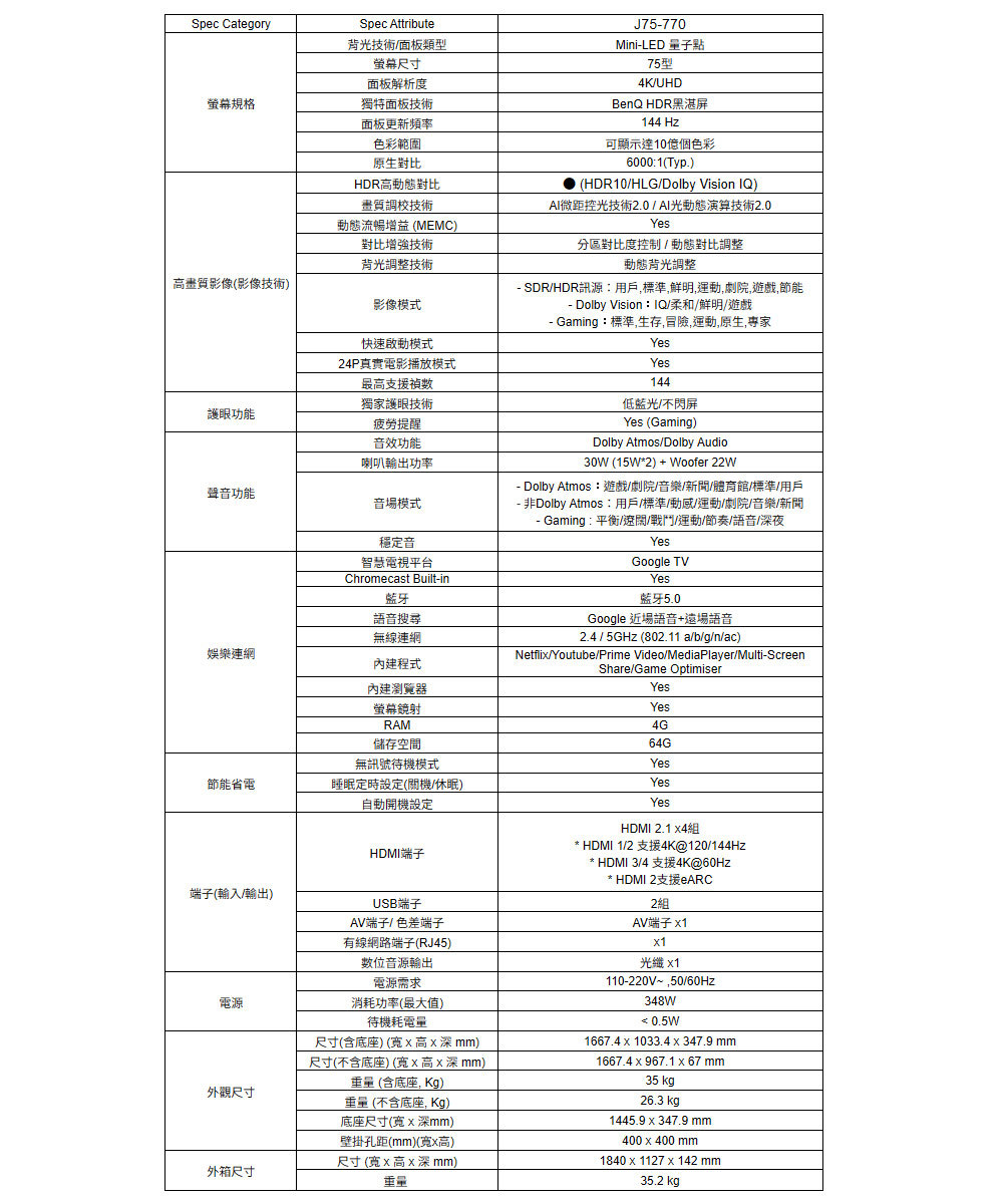 BenQ J75-770 75型 MiniLED 量子點遊戲 Google TV AI演算技術2.0