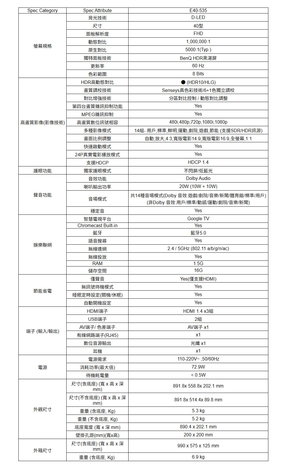 BenQ E40-535 40型 追劇護眼大型液晶Google TV 低藍光 不閃屏