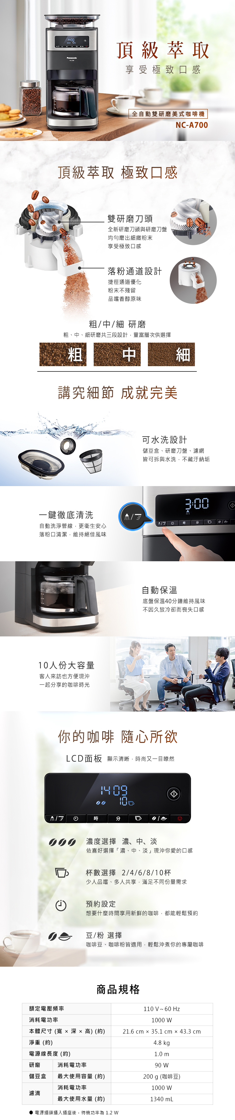 【展品出清】國際 NC-A700 全自動雙研磨 美式咖啡機 一鍵完成管線自動清洗