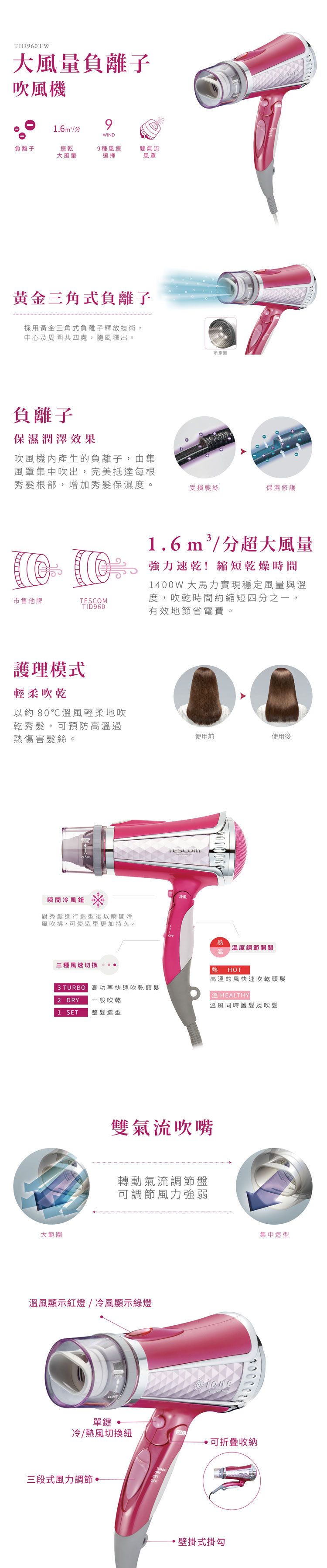 TESCOM TID960TW-P 負離子吹風機 大風量 粉色