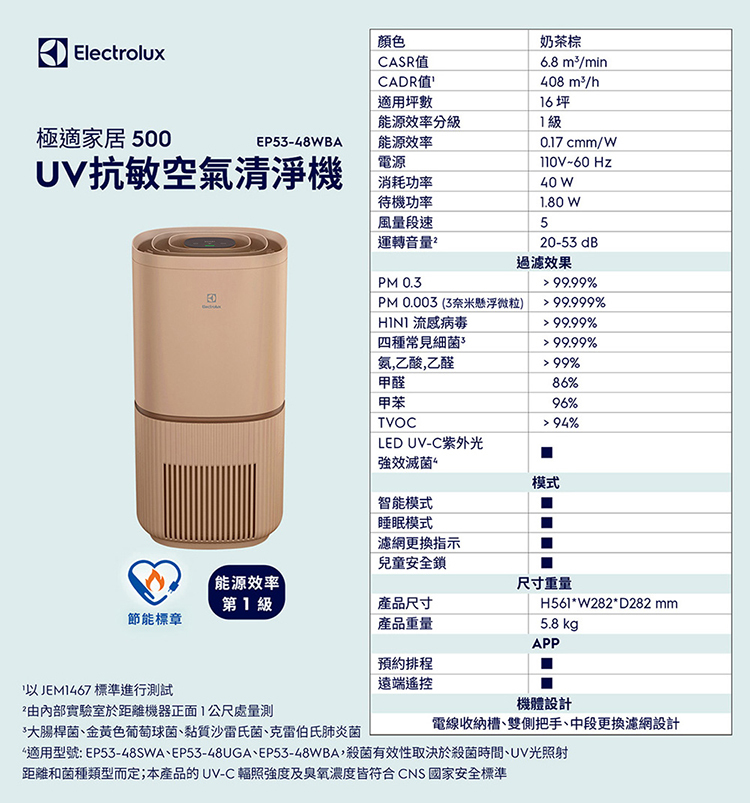 Electrolux 伊萊克斯  EP53-48WBA 極適家居500 UV抗敏空氣清淨機奶茶棕