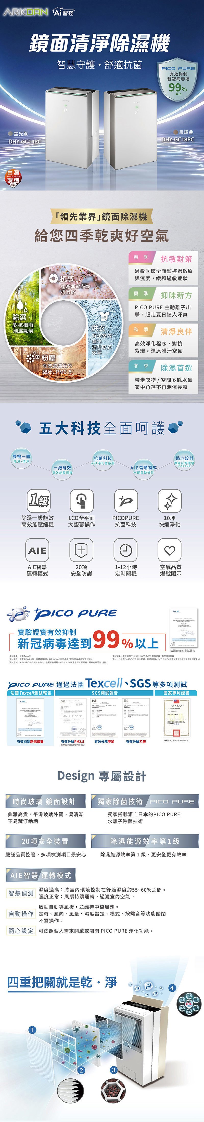 聲寶 ARKDAN DHY-GC14PC 清淨除濕機 14L/日 適用10坪 HEPA濾網 台灣製