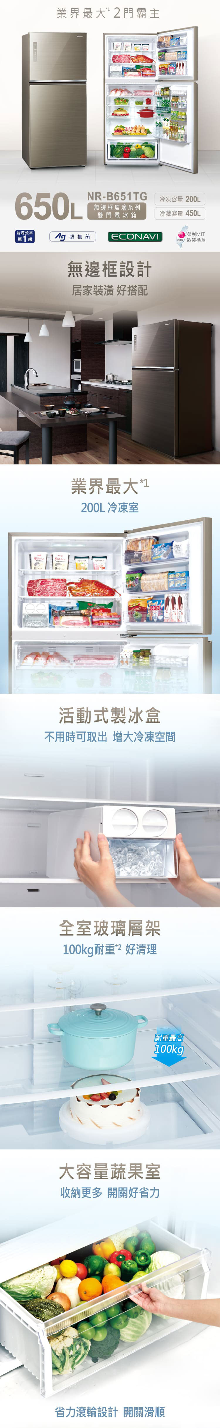國際 NR-B651TG-N 雙門電冰箱 650L 無邊框玻璃 變頻冰箱 翡翠金 一級省電