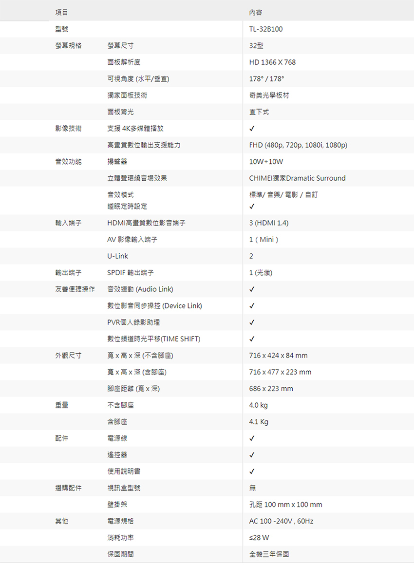 奇美 TL-32B100 32吋 FHD低藍光顯示器 貨到無安裝