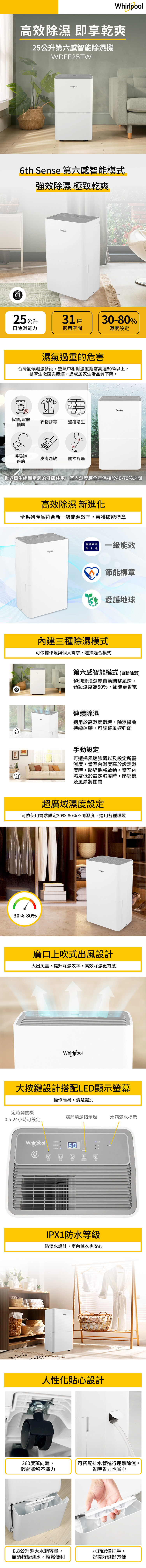 惠而浦 WDEE25TW 除濕機 25L/日 高效除濕型 第六感智能除濕機 一級省電