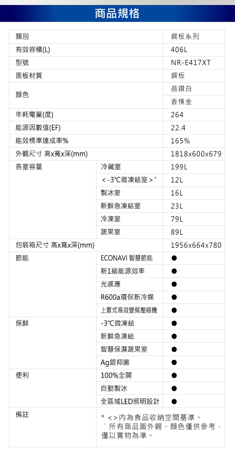 國際 NR-E417XT-W1 冰箱 406L 5門 鋼板 晶鑽白 日本原裝