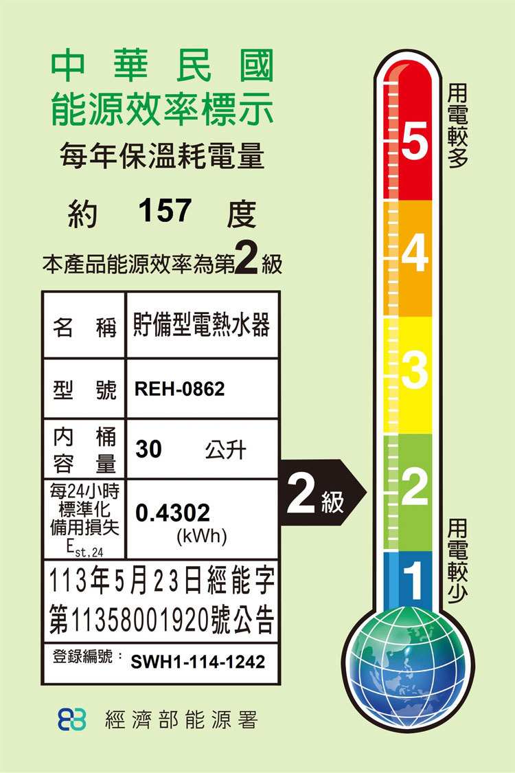 林內 REH-0862 儲熱式8加侖電熱水器 不銹鋼內膽 壁掛系列 安裝與拆除舊機另計