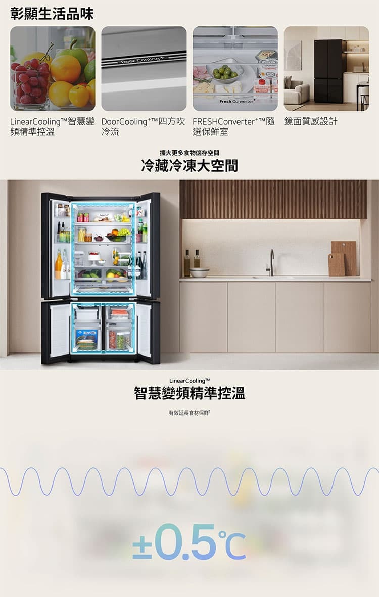 預購 LG GV-NB61BG 四門冰箱 619L 智慧變頻 曜石黑鏡面 四方吹冷流 自動製冰器