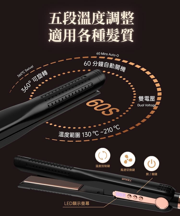 WHALL WS-101K 3D氣流循環直髮夾 100-240V國際電壓 冷氣流冷卻技術