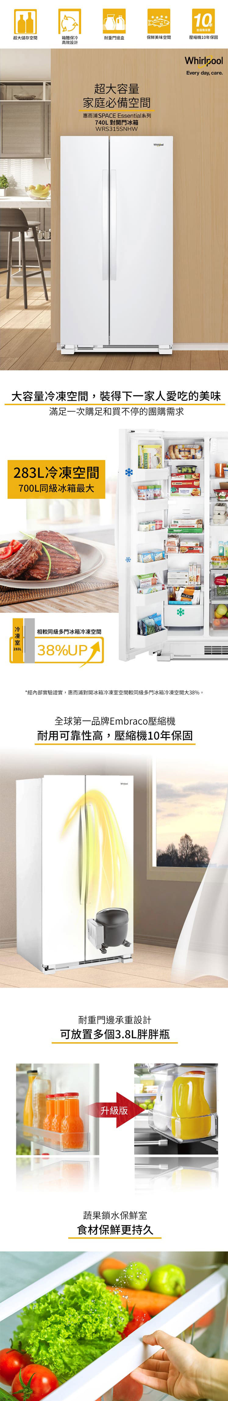 惠而浦 WRS315SNHW 冰箱 740L 對開門 前方底部散熱 墨西哥製