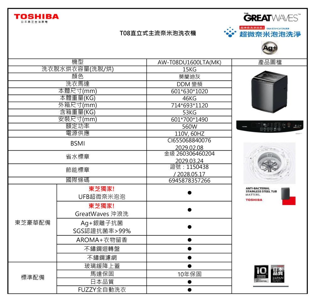 東芝 AW-T08DU1600LTA 15KG 變頻 直立式洗衣機 超微奈米泡泡 Ag+銀離子抗菌