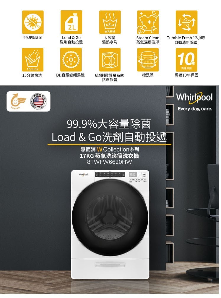 惠而浦 8TWFW6620HW 洗衣機 17kg 滾筒 洗脫 蒸氣洗 美製