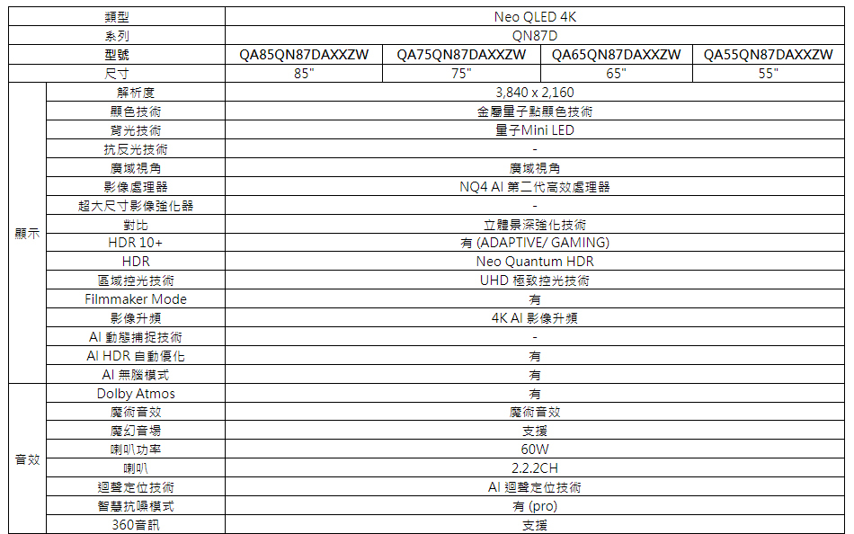 三星 QA85QN87DAXXZW 85型 Neo QLED AI QN87D 智慧顯示器