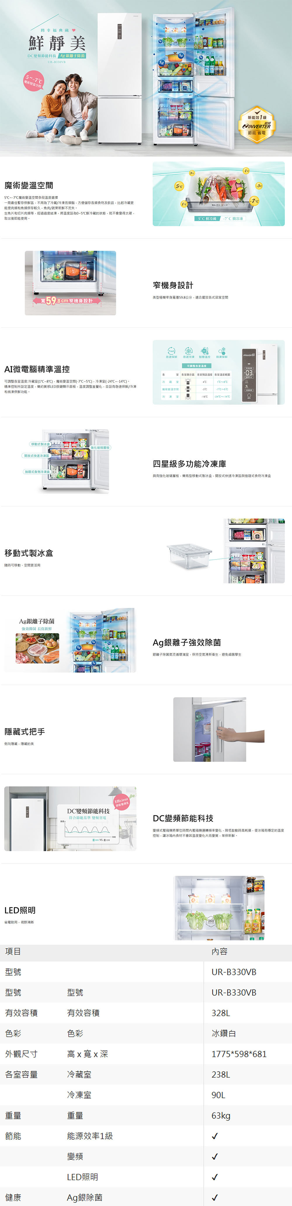 輕鬆成家 奇美 UR-B330VB 328L雙門冰箱 惠而浦 VWED1301BS 13公斤洗衣機