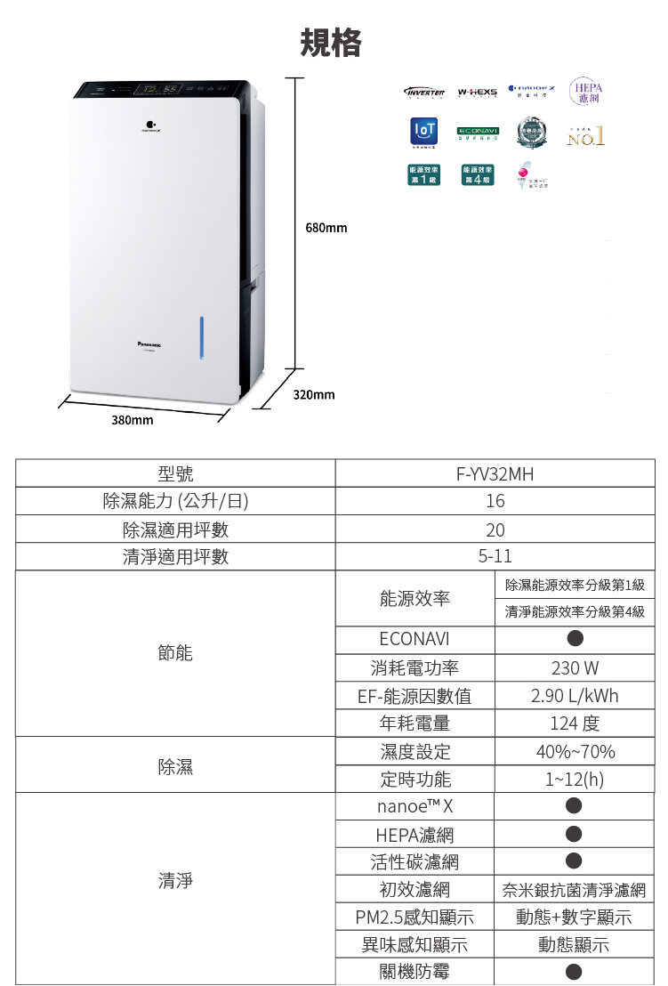 F-YV32MH 除濕機 變頻清淨型 16公升/日 nanoe™ X 健康科技