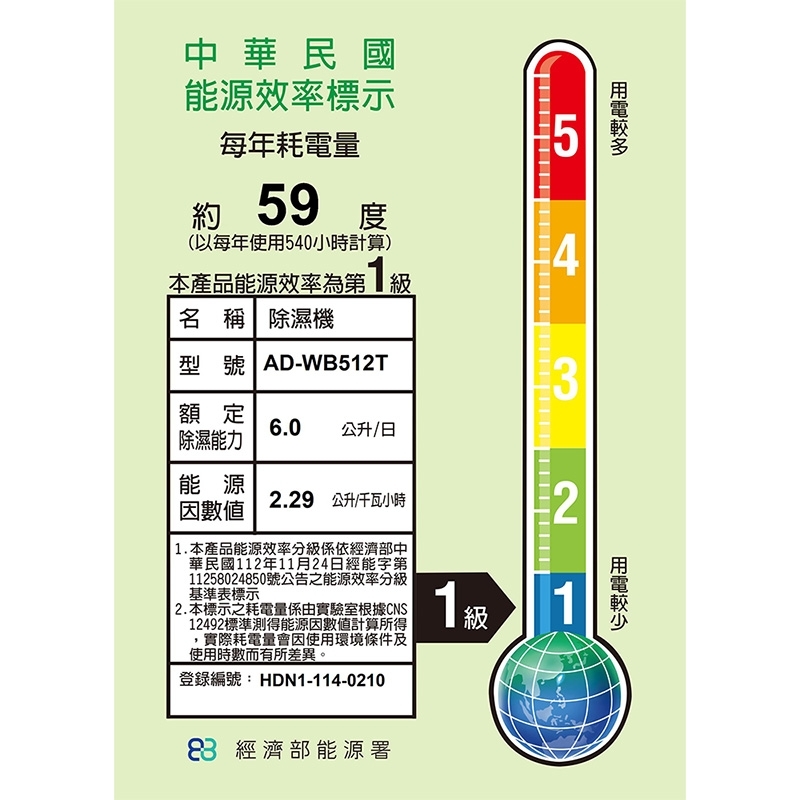 聲寶 AD-WB512T 除濕機 6L/日 甲殼素前置濾網 智慧乾衣 8段定時 9段濕度 一級能效