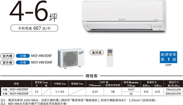 三菱 MUY-HW35NF 4-6坪適用 HW標準系列 變頻 冷氣 MSY-HW35NF