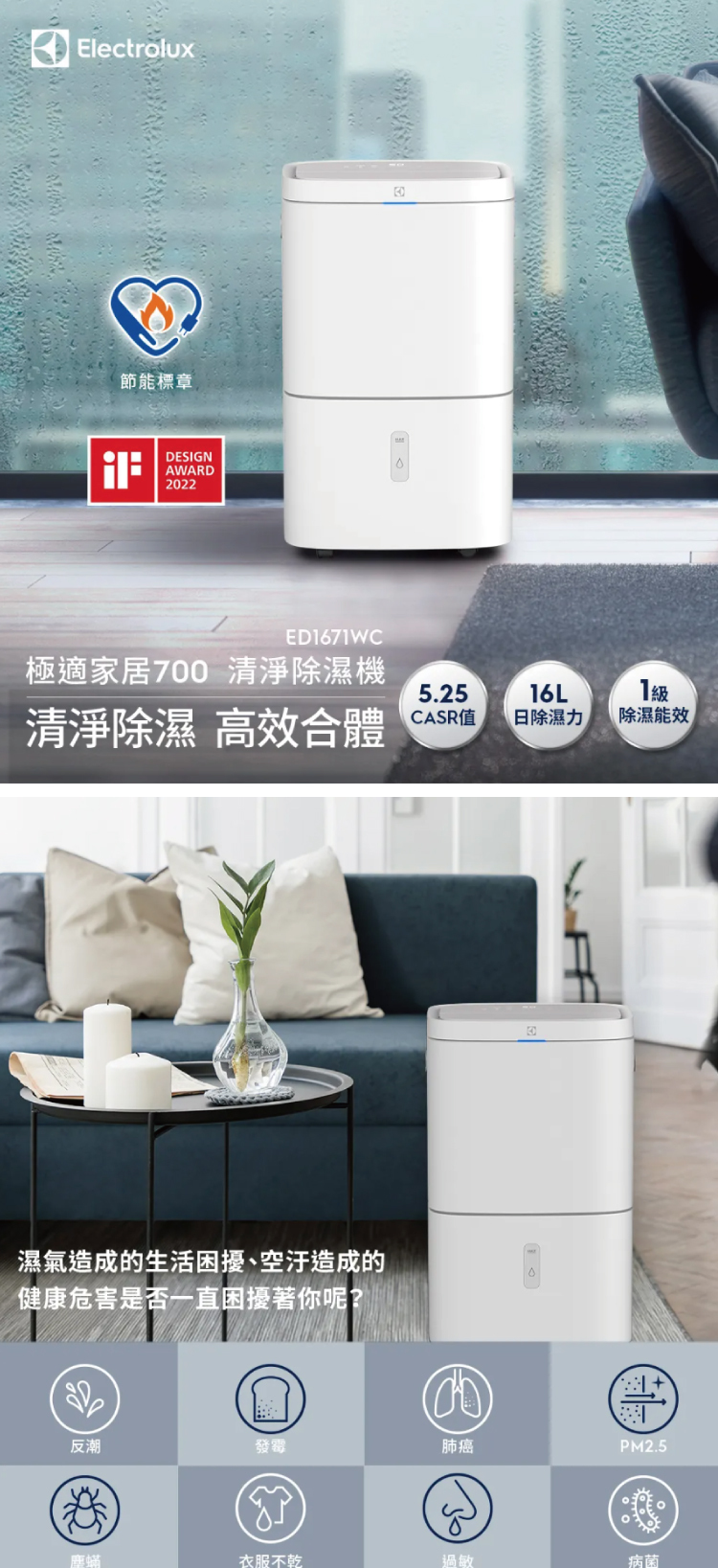 Electrolux 伊萊克斯 ED1671WC 清淨除濕機 16L/日 適用20坪 晨曦白