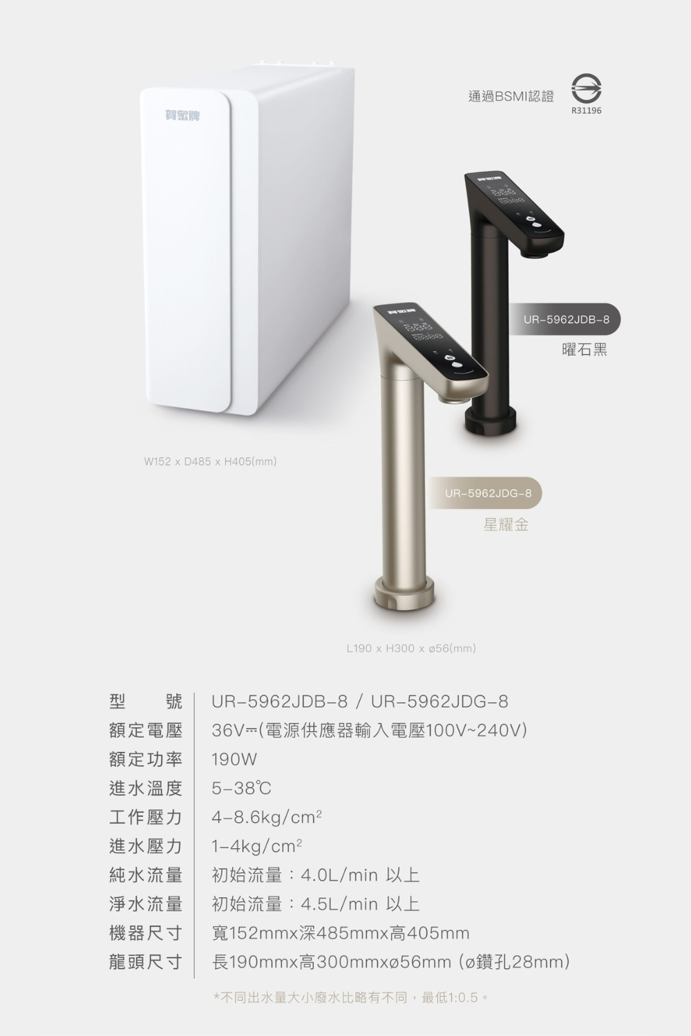 賀眾牌 UR-5962JDG-8 智慧雙效1600G大流量無桶式RO淨水器 廚下型 晨曦金