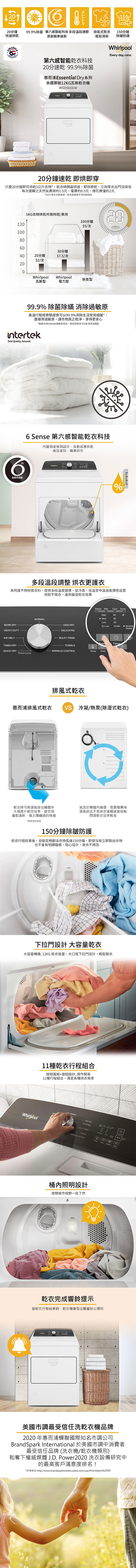 惠而浦 8TWGD5010PW 乾衣機 12kg 瓦斯型 下拉門 快烘 冷風乾衣行程
