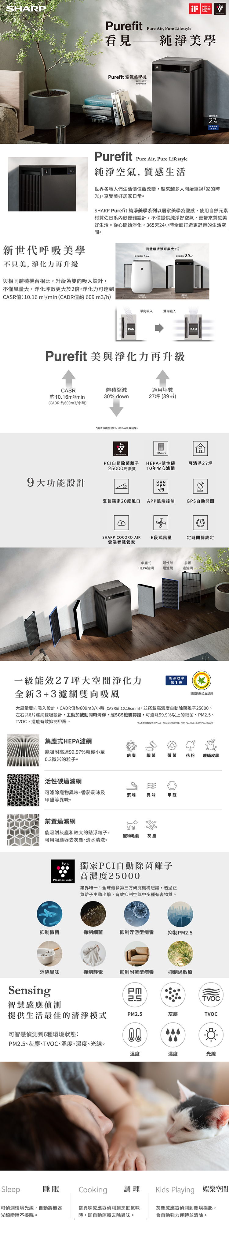 【送快煮壺】夏普 FP-S90T-W 空氣清淨機 適用27坪 能效1級 奶油白