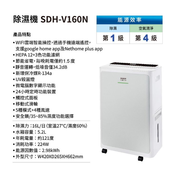 SANLUX 台灣三洋 SDH-V160N 清淨除濕機 16公升/日 UV殺菌燈 適用16-20坪