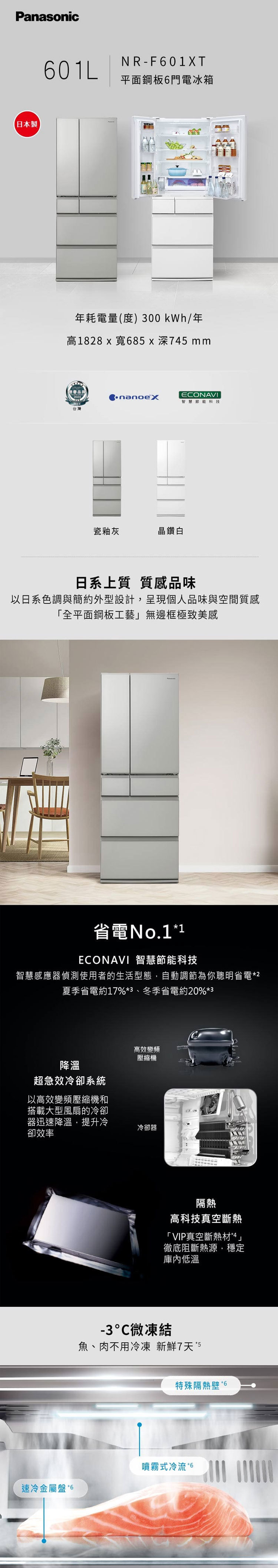 國際 NR-F601XT-C1 601L 電冰箱 六門 平面鋼板 日系上質系列 日本製 瓷釉灰