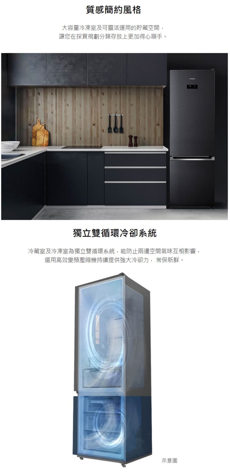 日立 HRBN7415DD 雙門冰箱 396L 鈦墨灰 上冷藏 下冷凍 變頻冰箱 一級省電