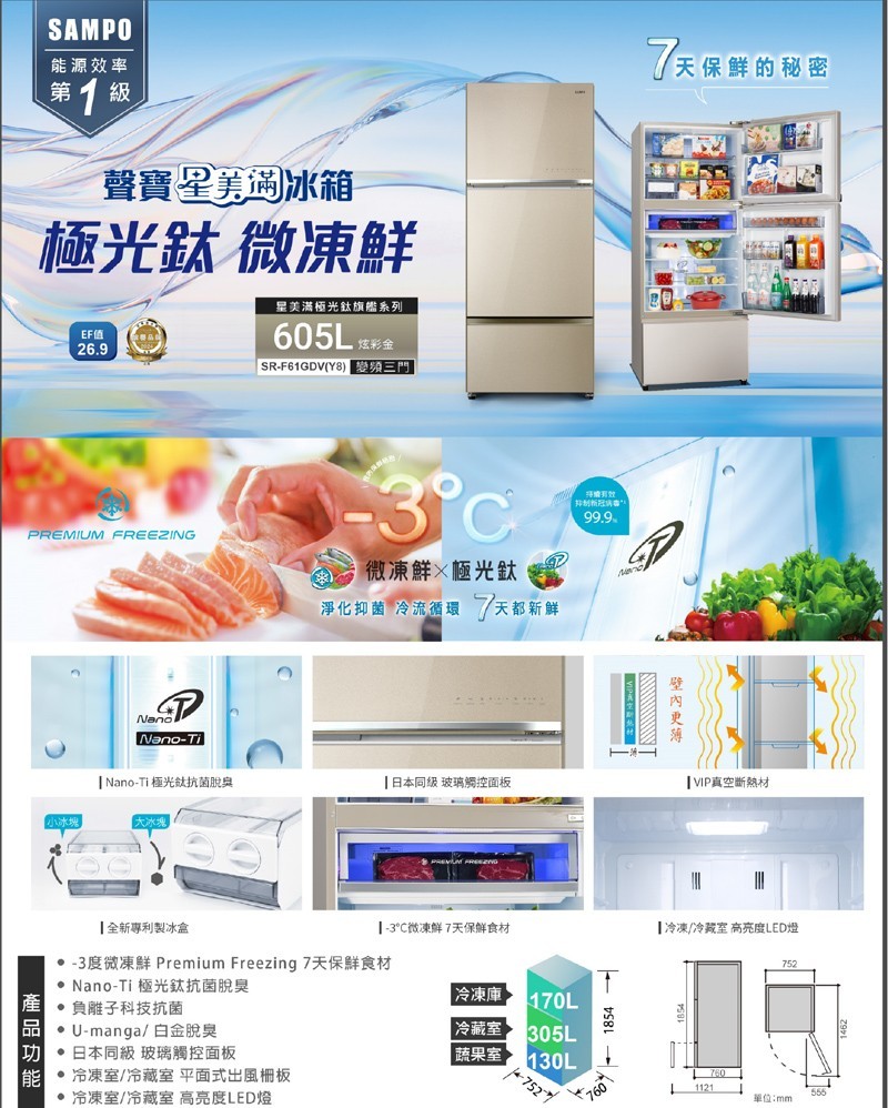 聲寶 SR-F61GDV(Y8) 605公升 變頻三門玻璃冰箱 極光鈦抗菌脫臭 微凍鮮 一級能效