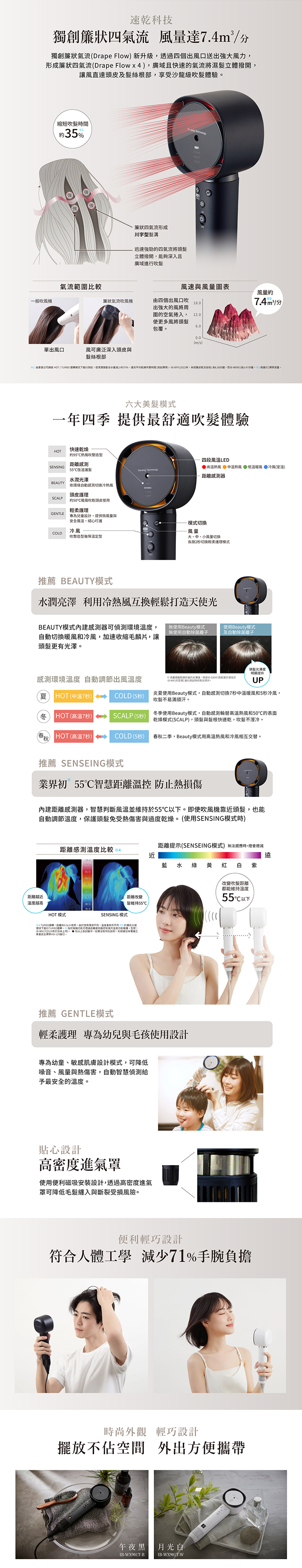 【送氣墊梳組】SHARP 夏普 IB-WX901T-B 四氣流水潤溫控吹風機 午夜黑 自動除菌離子