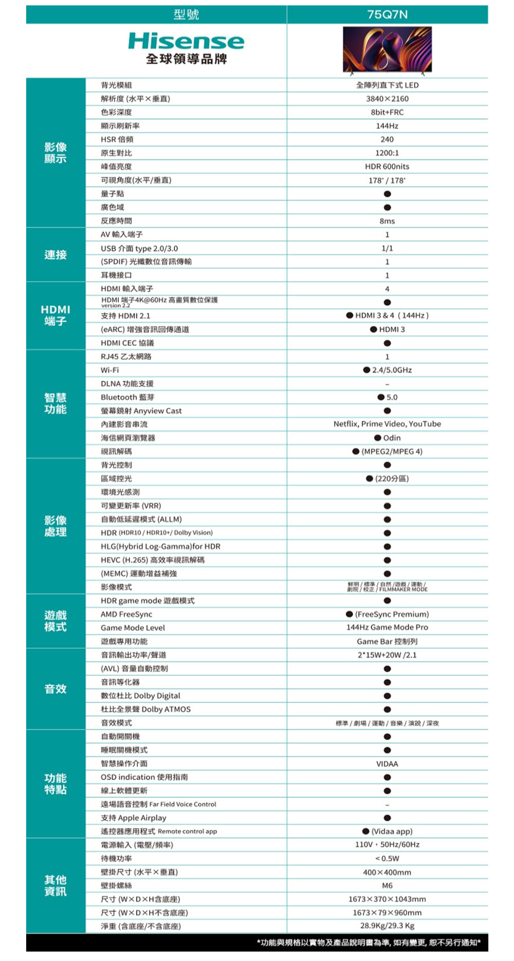 【來電優惠價】Hisense海信 75Q7N 75吋 智慧連網顯示器 重低音2.1 聲道 含桌裝