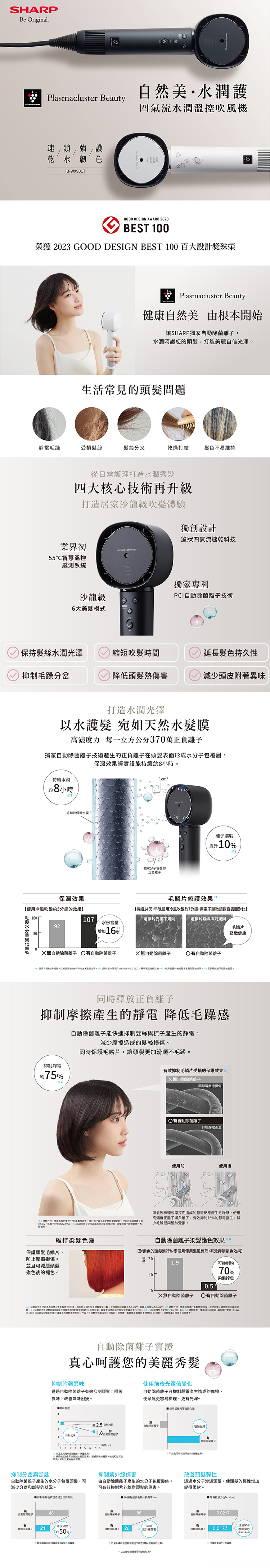 【送氣墊梳組】SHARP 夏普 IB-WX901T-W 四氣流水潤溫控吹風機 月光白 自動除菌離子