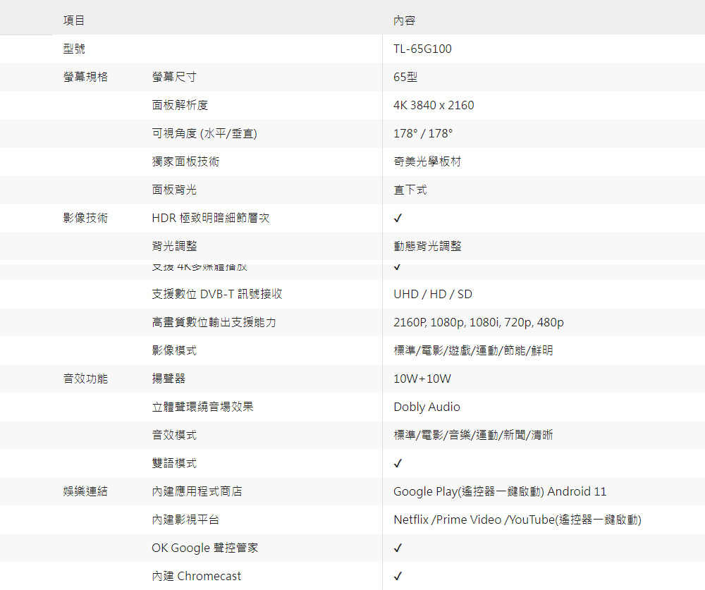 【福利品出清】 奇美 TL-65G100 65吋 4K Android液晶顯示器 貨到無安裝 限台南