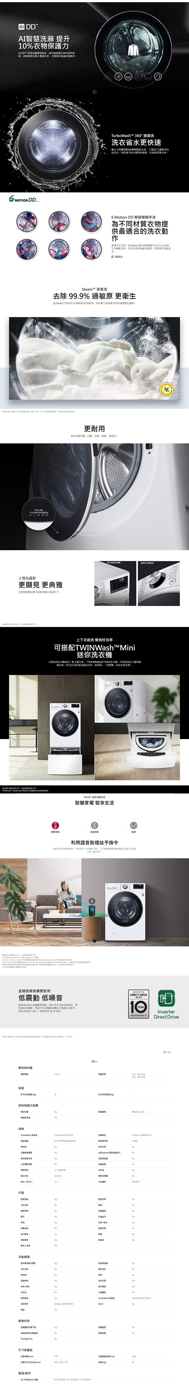 LG WD-S18VW 滾筒洗衣機 18公斤 蒸洗脫 AI 智慧感測 提供最適洗程