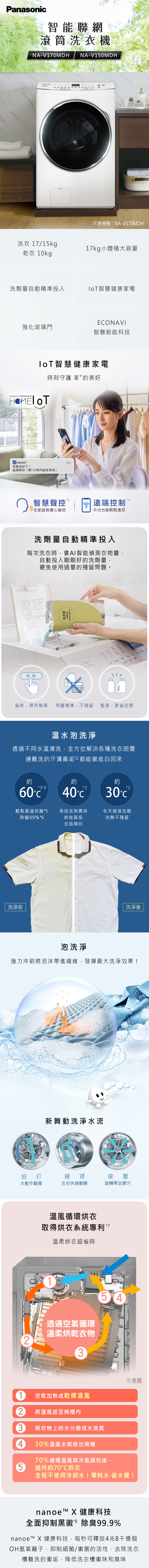 國際 NA-V170MDH-W  變頻溫水滾筒洗衣機 智能聯網系列 17公斤 冰鑽白