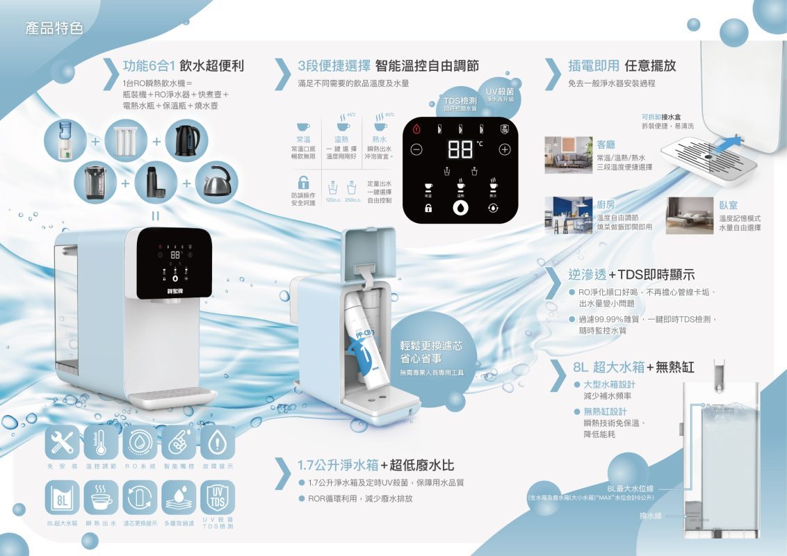 賀眾牌 UR-3302ELB-1 RO瞬熱飲水機 8L超大水箱 TDS水質檢測 貨到無安裝