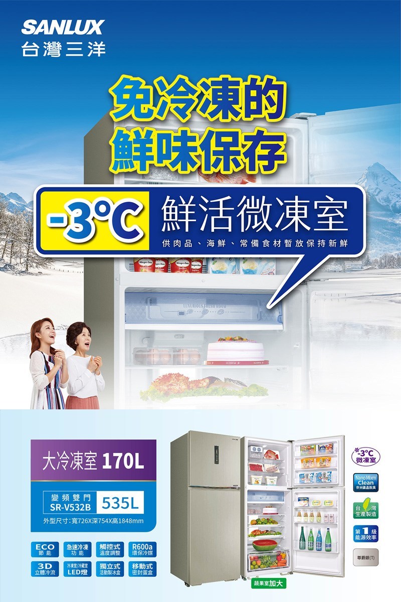 SANLUX 台灣三洋 SR-V532B 535公升 一級能效 變頻雙門冰箱 -3°C微凍室