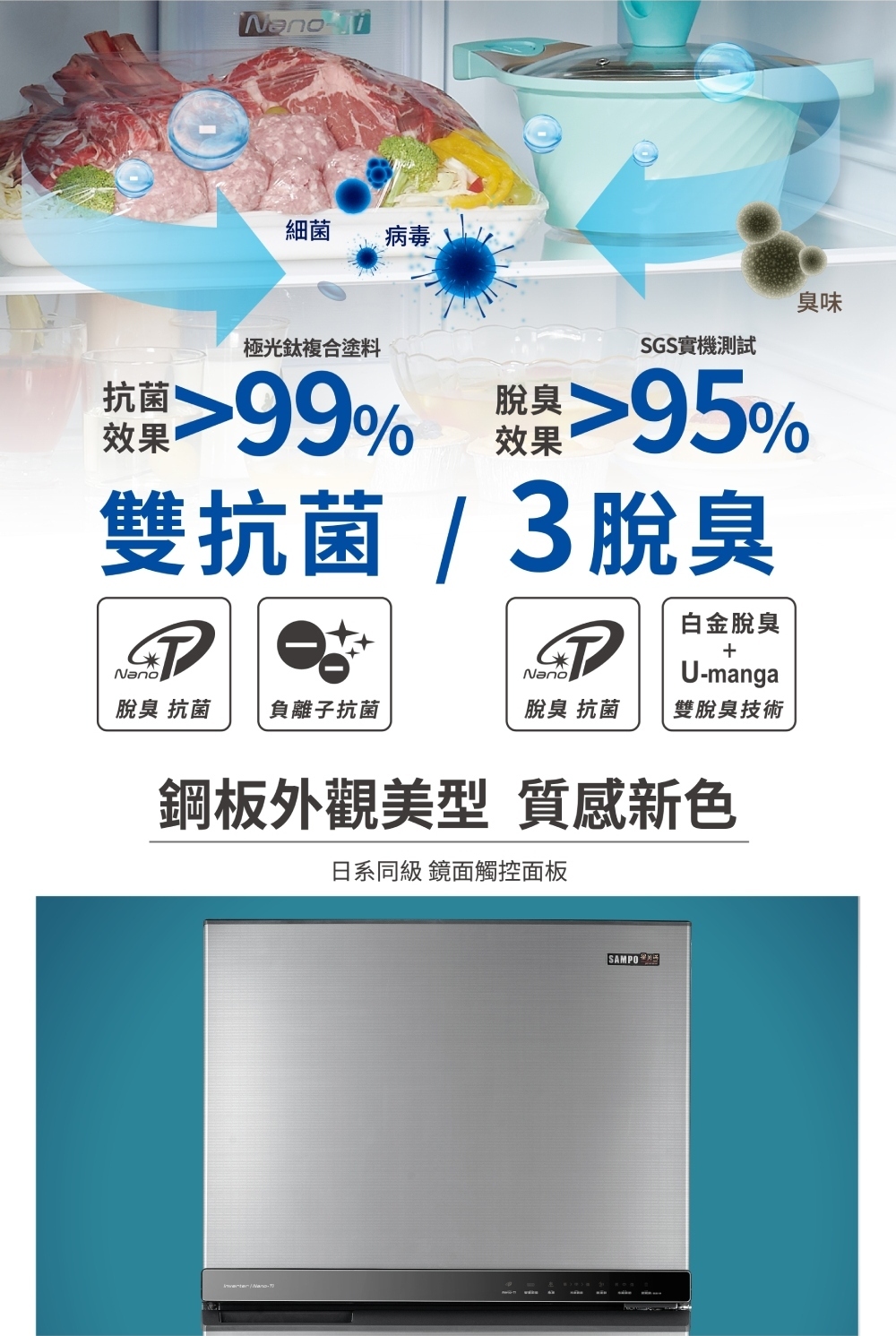 聲寶 SR-F61D(S2) 610公升 變頻雙門冰箱 極光鈦抗菌 -3度微凍鮮 一級能效 炫彩銀