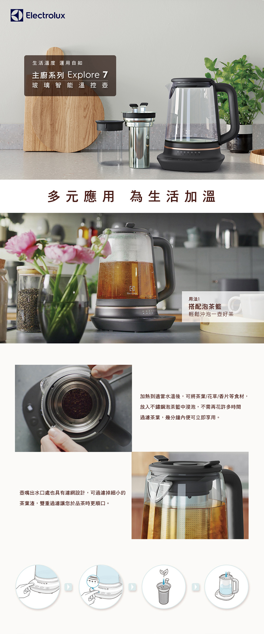 Electrolux 伊萊克斯 E7GK1-73BP 玻璃智能溫控壺 1.7公升 Explore 7