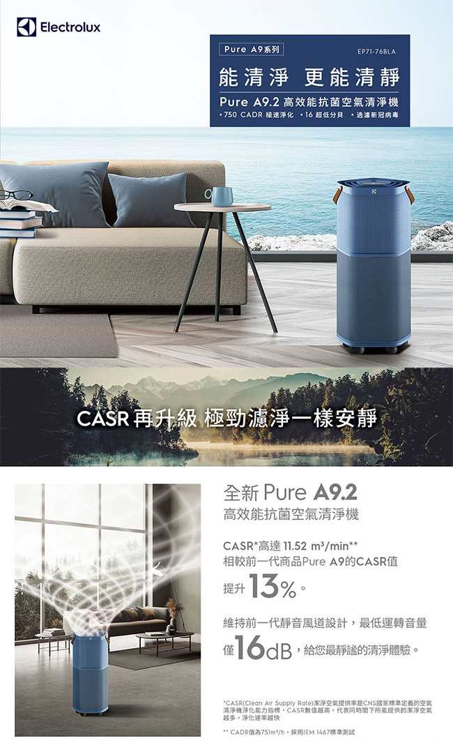 Electrolux 伊萊克斯 EP71-76BLA 空氣清淨機 適用29坪