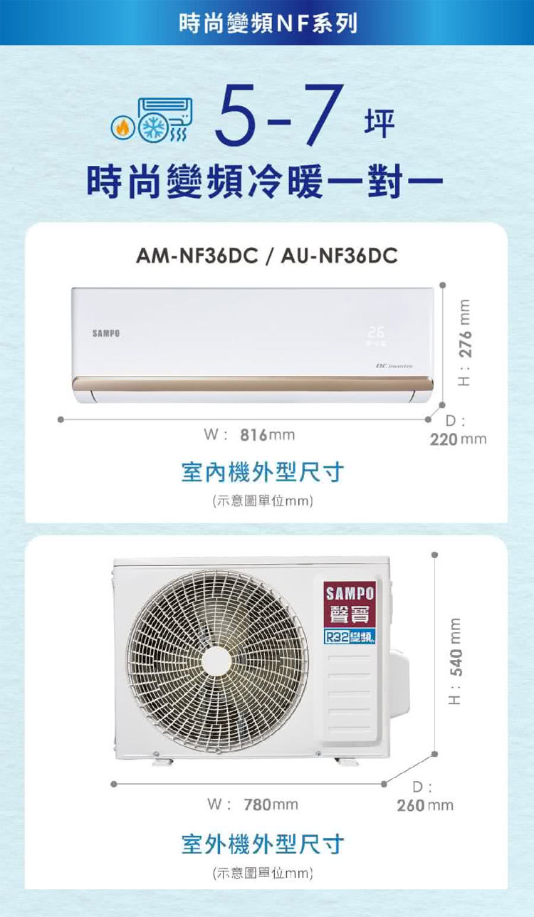 聲寶 AU-NF36DC 5坪適用 時尚NF系列 變頻 冷暖 空調 AM-NF36DC