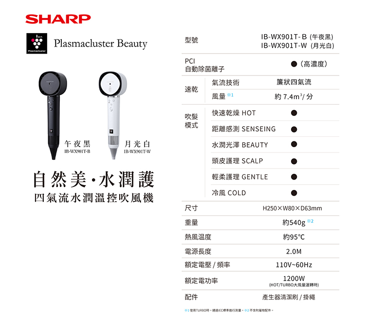 【送氣墊梳組】SHARP 夏普 IB-WX901T-W 四氣流水潤溫控吹風機 月光白 自動除菌離子