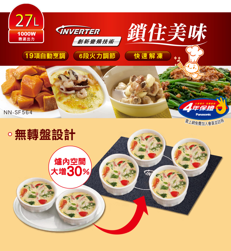 國際 NN-SF564 變頻微電腦微波爐 27L 無轉盤設計 19道自動料理