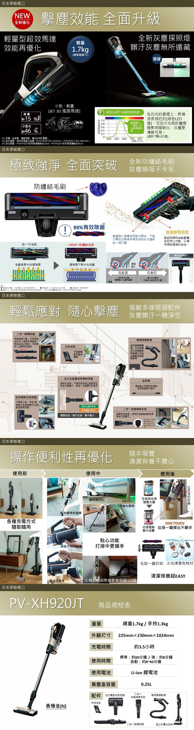 日立 PVXH920JTN 無線吸塵器 日製 鋰電池 直立手持 LED灰塵探照燈