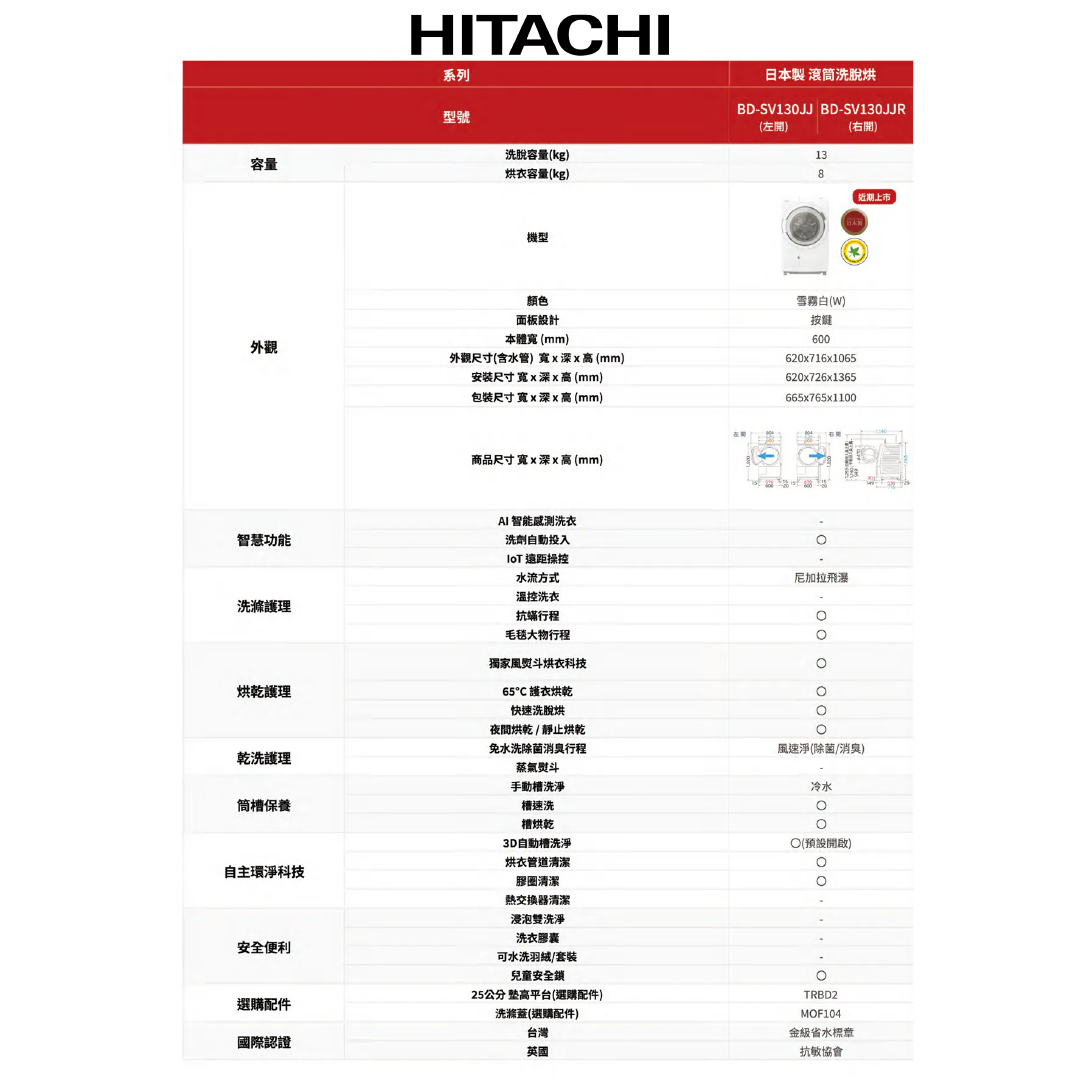 日立 BDSV130JJR 洗衣13/烘衣8公斤 變頻 洗脫烘滾筒洗衣機 右開 洗劑自動投入 雪霧白