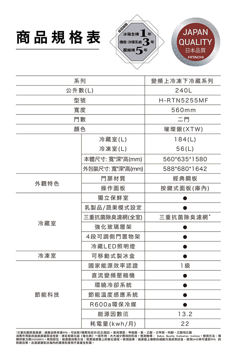 日立 HRTN5255MF 冰箱 兩門 240L 變頻 一級能效 璀璨銀