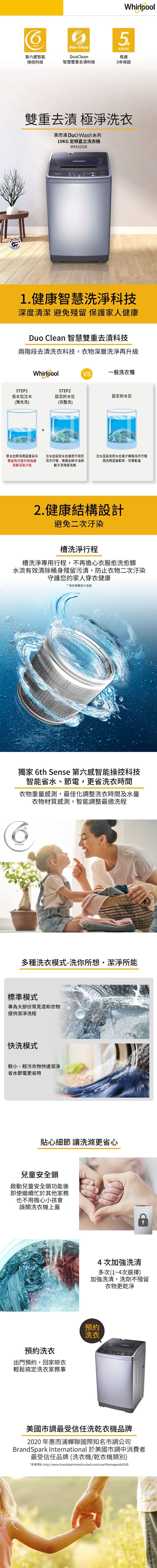 惠而浦 WM10GN 直立式洗衣機 10kg 定頻 普級省水標章 不鏽鋼內槽 第六感智能操控科技