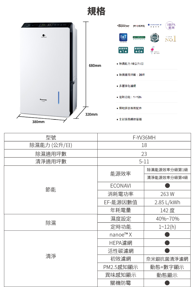 國際 F-YV36MH 除濕機 除濕能力 18公升/日 變頻清淨型 nanoe™ X 健康科技
