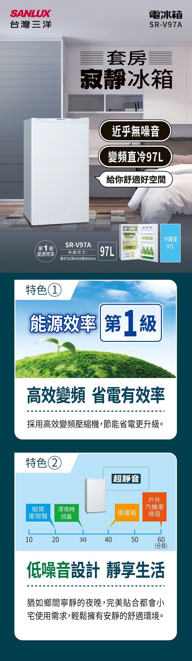 SANLUX 台灣三洋 SR-V97A 97L 一級能效 變頻 直冷式 單門電冰箱 套房小坪數適用