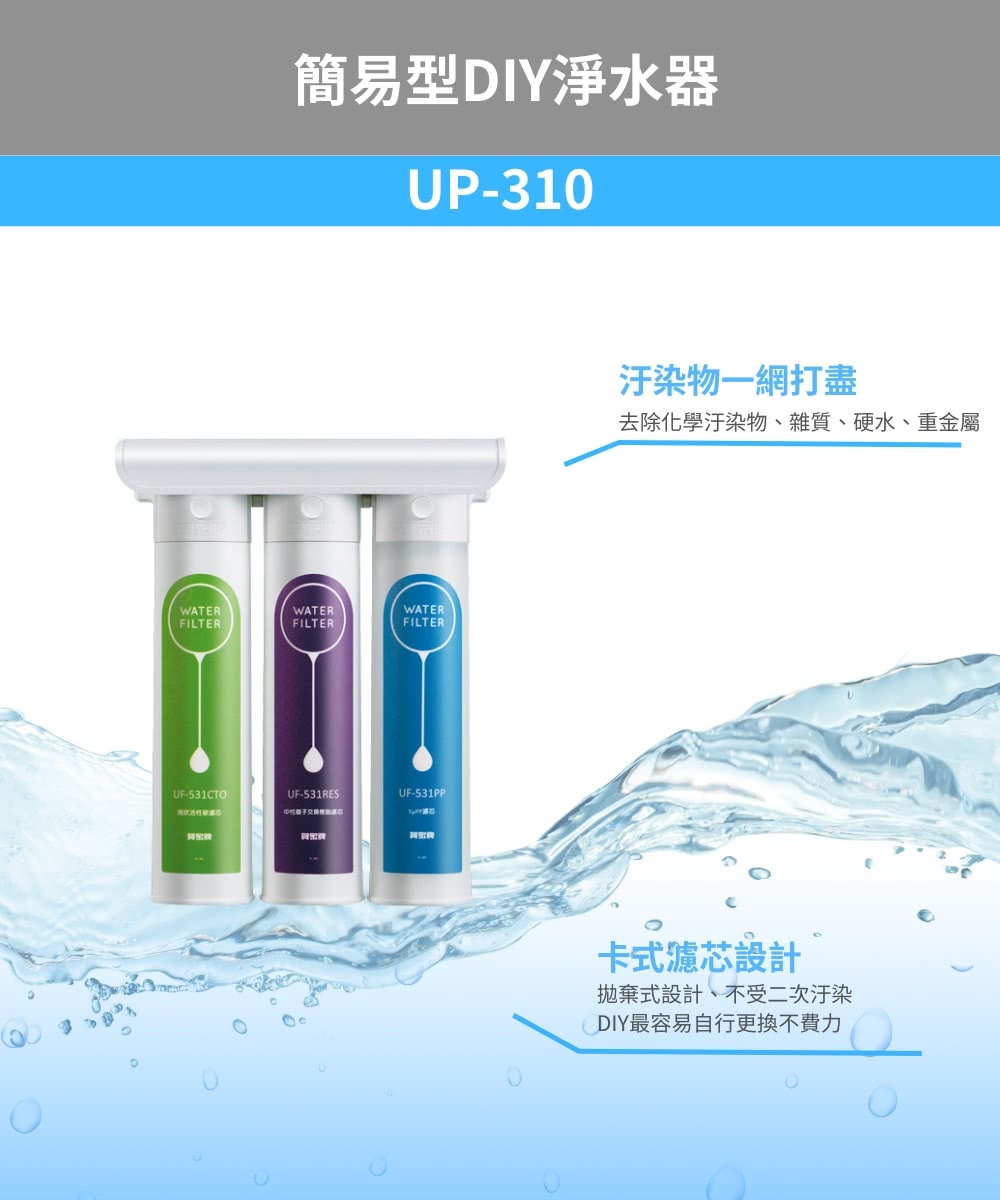 賀眾牌 UP-310 簡易式DIY淨水器 三道淨化軟水濾芯 免鑽孔 卡式濾芯設計
